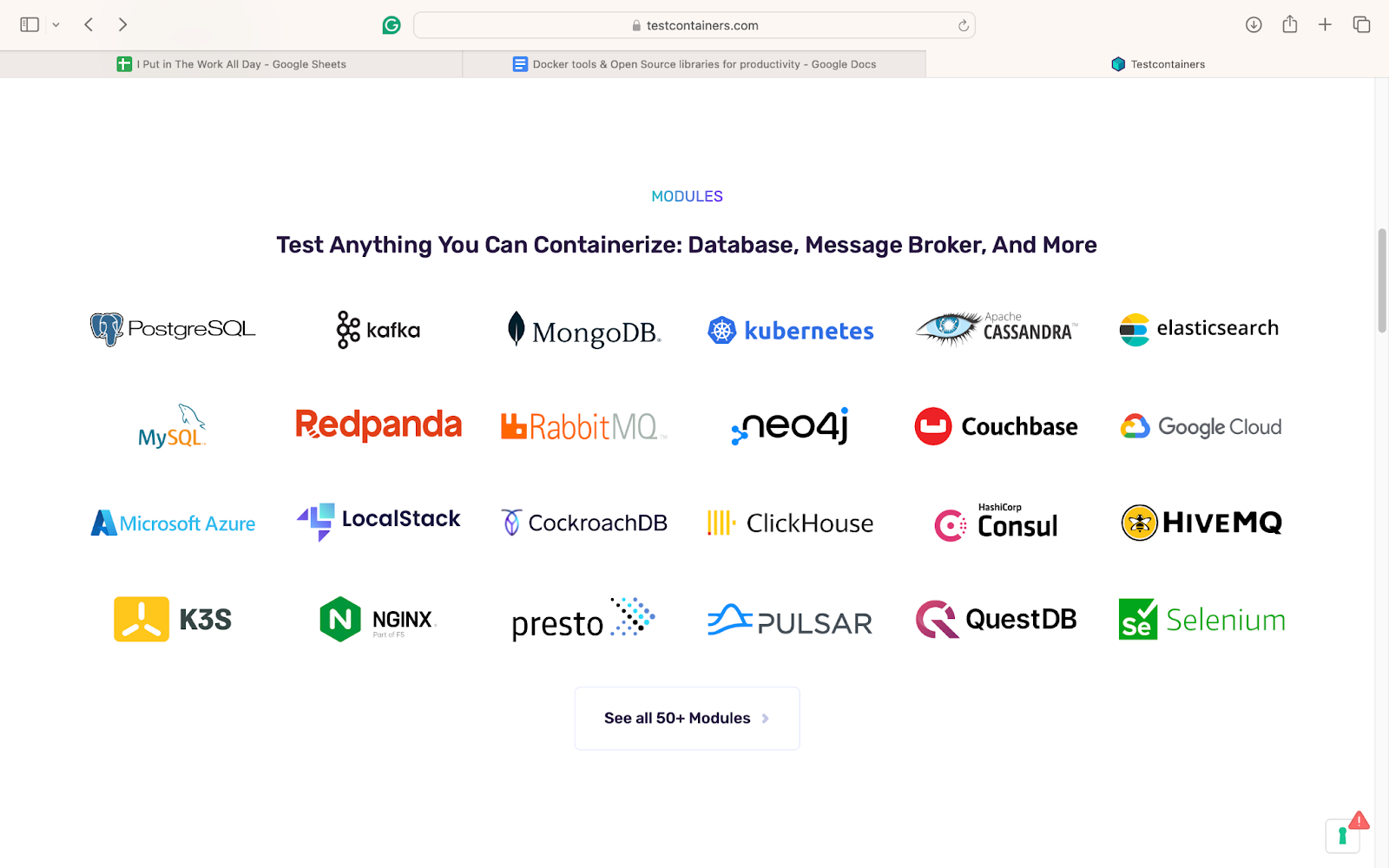 A selection of Testcontainers’s 50+ modular integrations