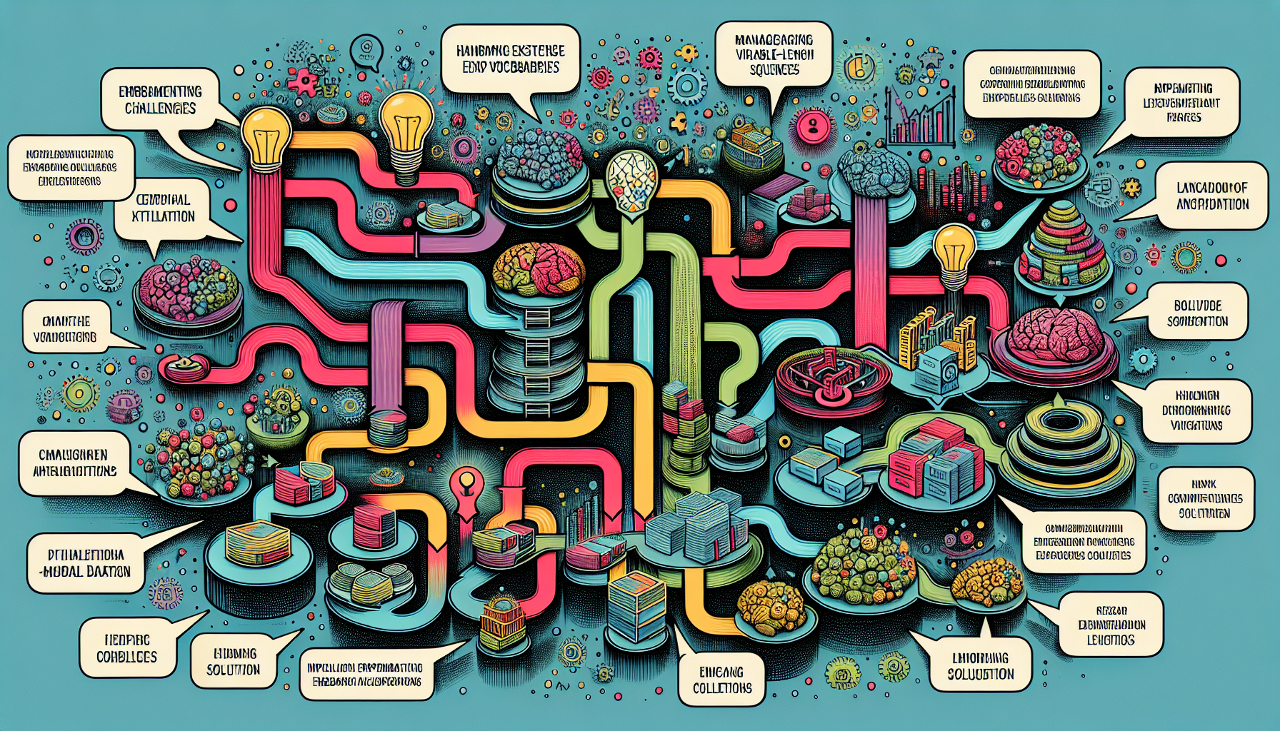 An illustration depicting challenges and solutions in implementing embedding layers