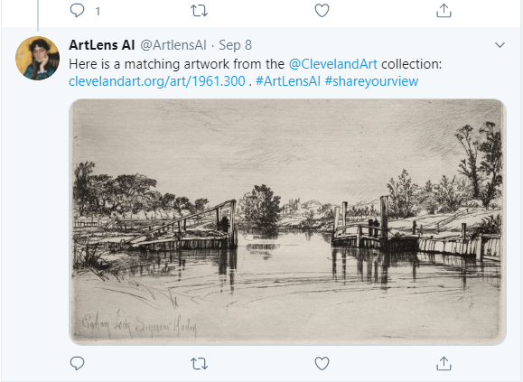 On Twitter, attach a photo or image to your tweet and mention @ArtLensAI to share your view. The Twitter bot will automatically reply with a matching artwork from the CMA’s collection. Egham Lock. Francis Seymour Haden (British, 1818–1910). Etching; The Cleveland Museum of Art, Gift of Mrs. T. Wingate Todd from the Collection of Dr. T. Wingate Todd, 1961.300. Image courtesy of the Cleveland Museum of Art.