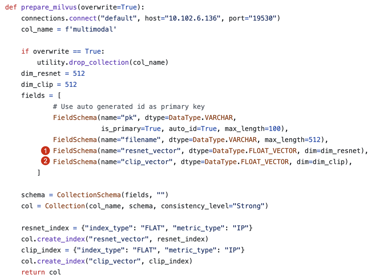 Create a collection with multiple vector columns