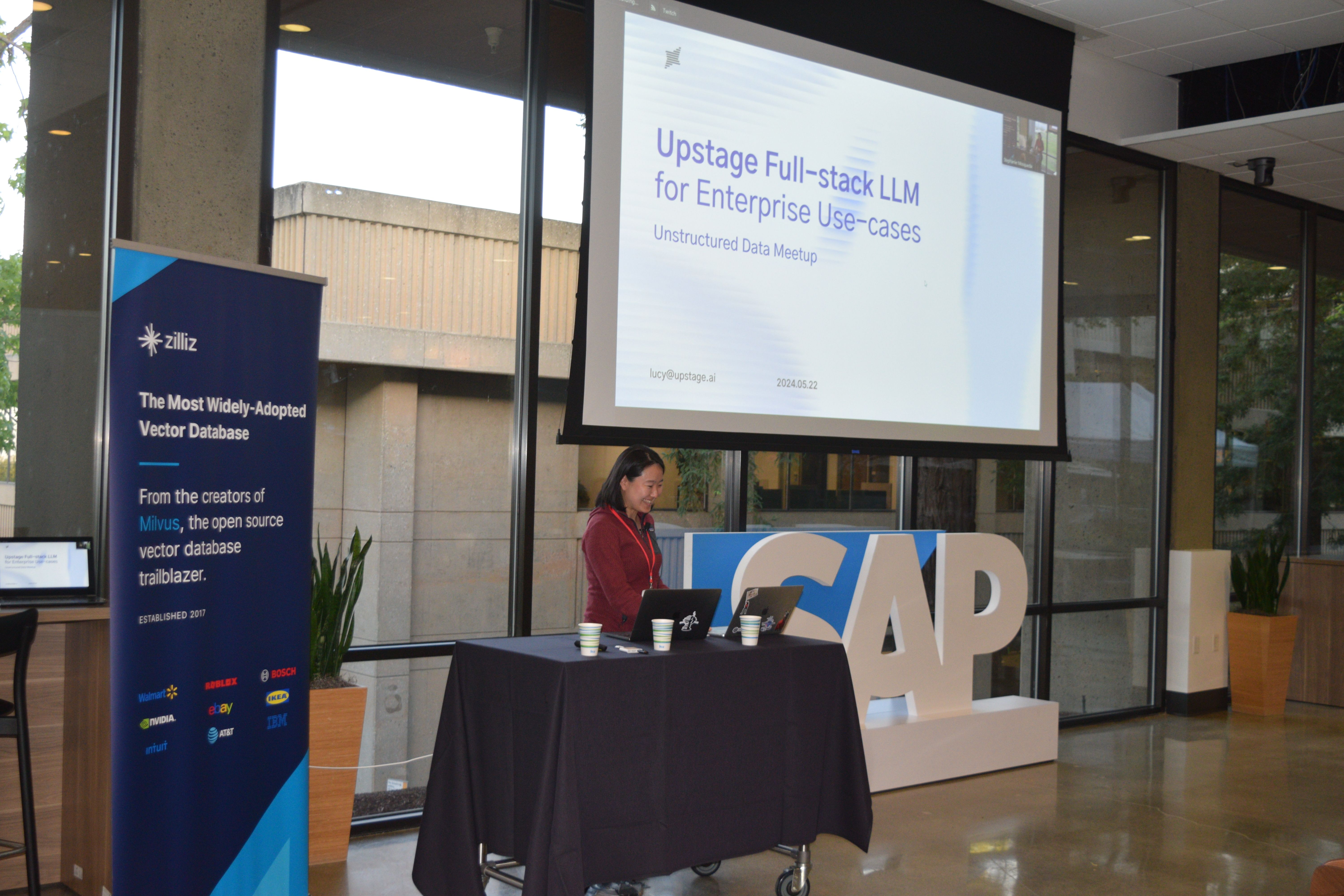 Lucy Park from Upstage speaking at the May Unstructured Data Meetup at SAP Palo Alto 