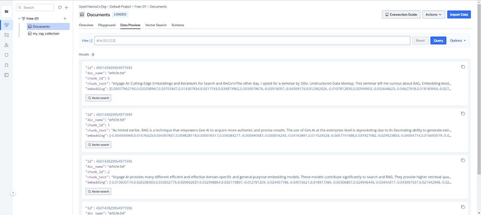 Data preview of the collection