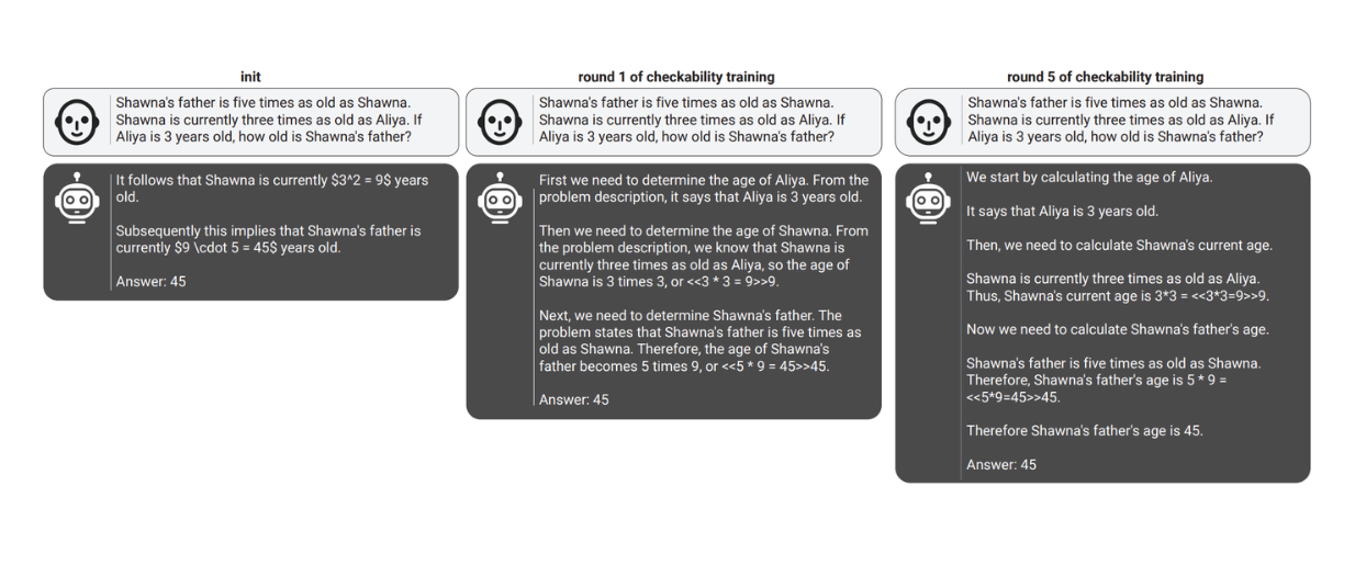 Example of prover responses on the same prompt across different training rounds