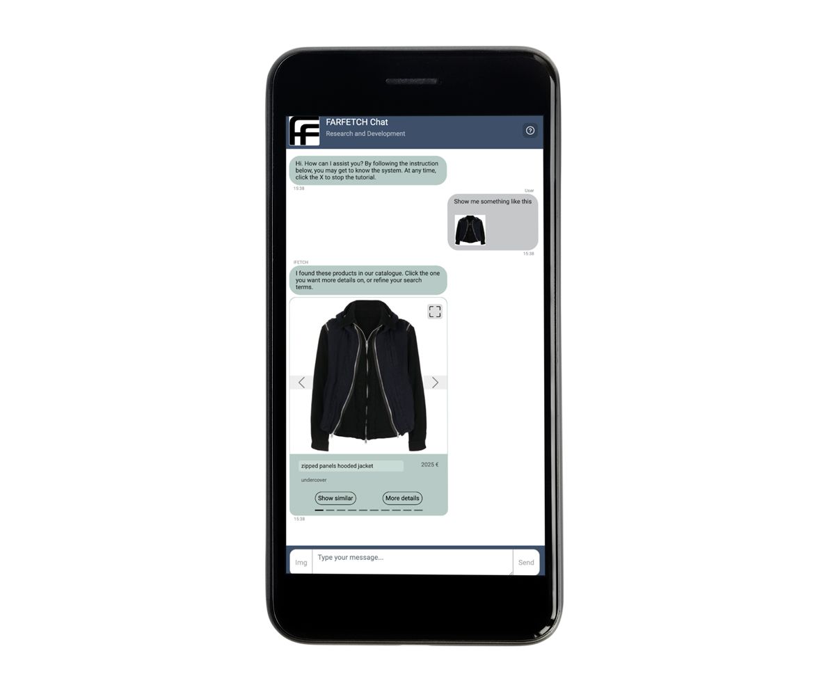 FARFETCH Chat 展示了一件和搜索相似的夹克外套