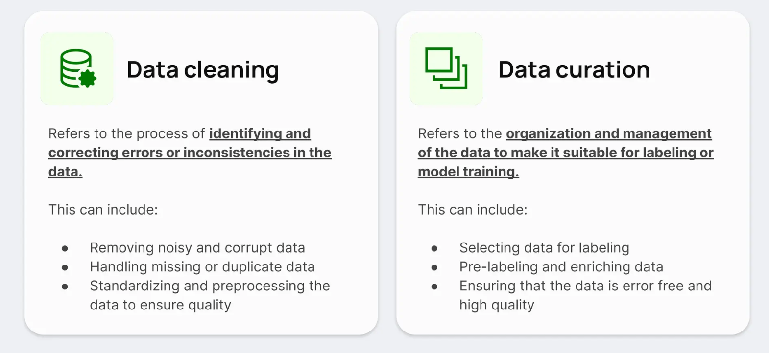 Figure: Data cleaning vs data curation