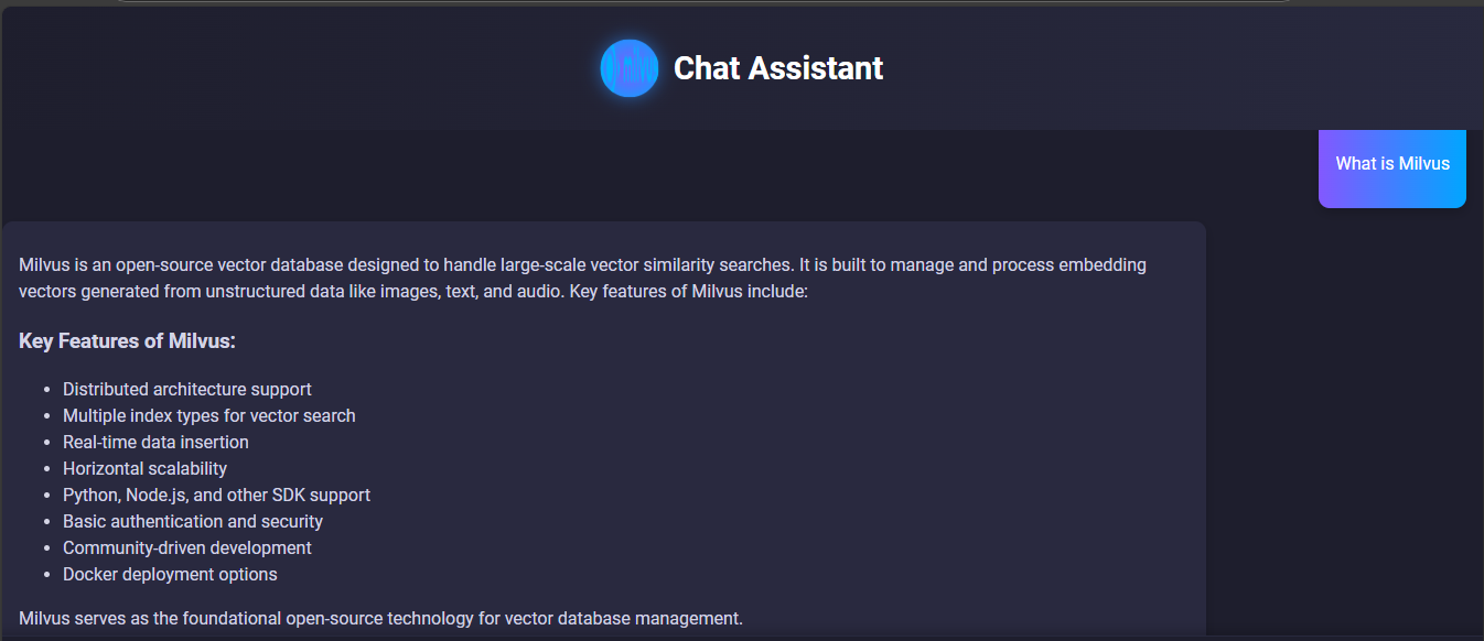 Figure- RAG system result of a query related to Milvus