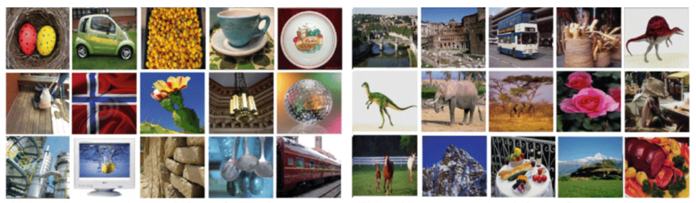 an ImageNet Synsets with 15 image samples (one image from each category). b Corel-1000 dataset showing 15 sample images from 10 categories.