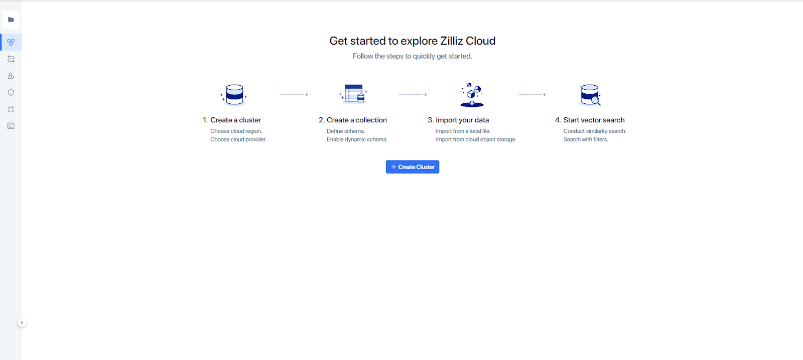 Zilliz cloud console for creating a cluster