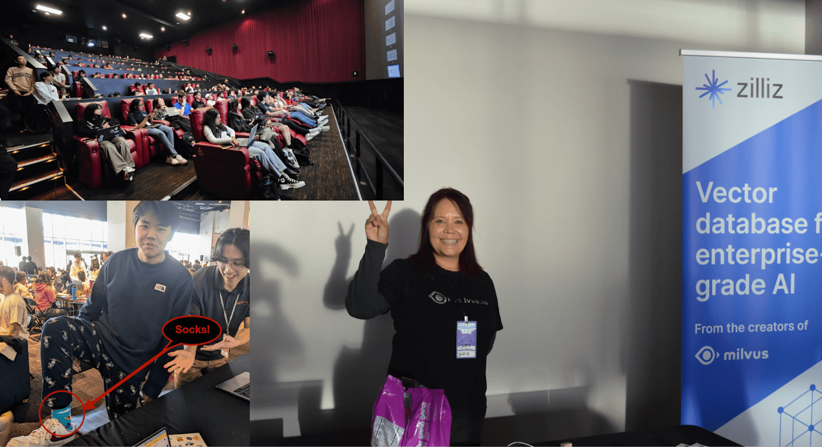Top left: workshop in a movie theater. Right: Chris Churilo at the Zilliz sponsor table. Bottom left: Zilliz swag socks, image by author. All other image sources: CalHacks 2023.