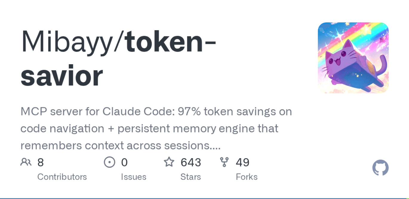 Token Savior GitHub repository card showing its MCP server description and project statistics