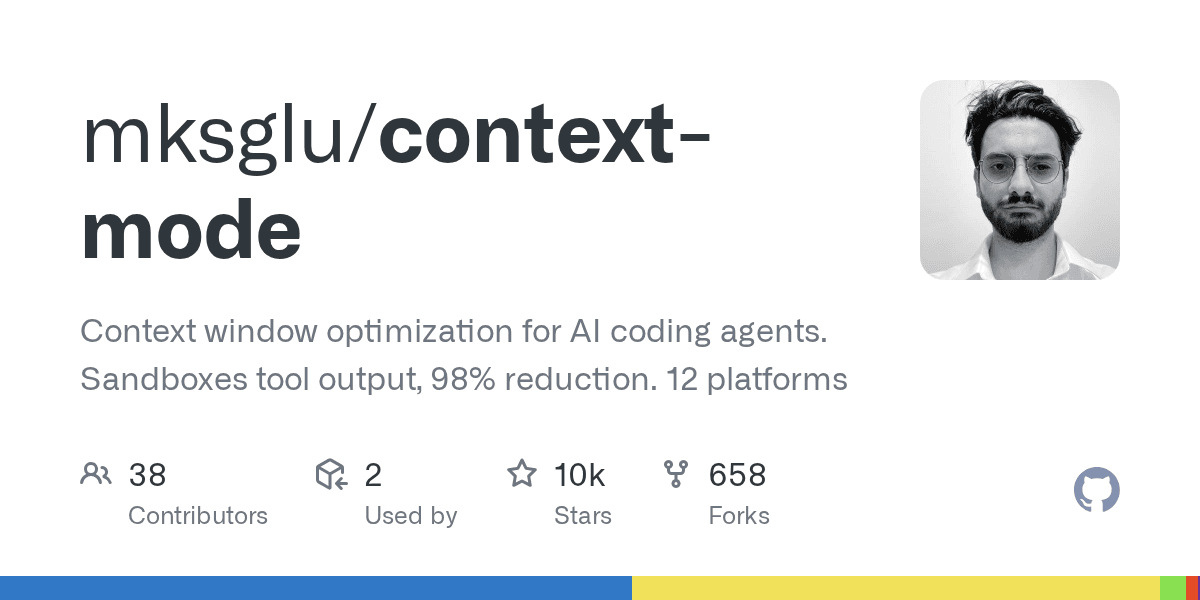 Context Mode GitHub repository card showing sandboxed tool output and context optimization positioning