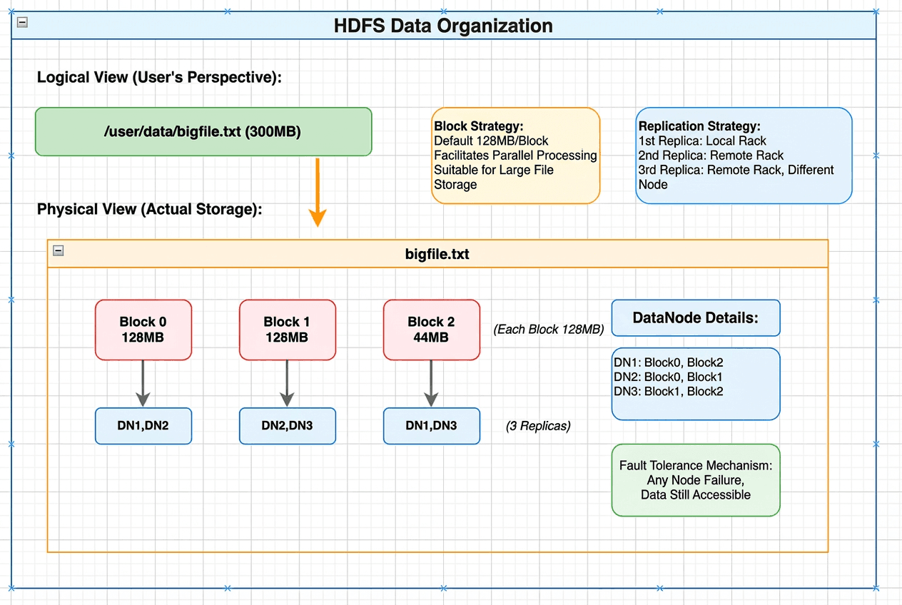 HDFS data organization showing logical view of a 300MB file mapped to physical storage as three blocks distributed across DataNodes with replication