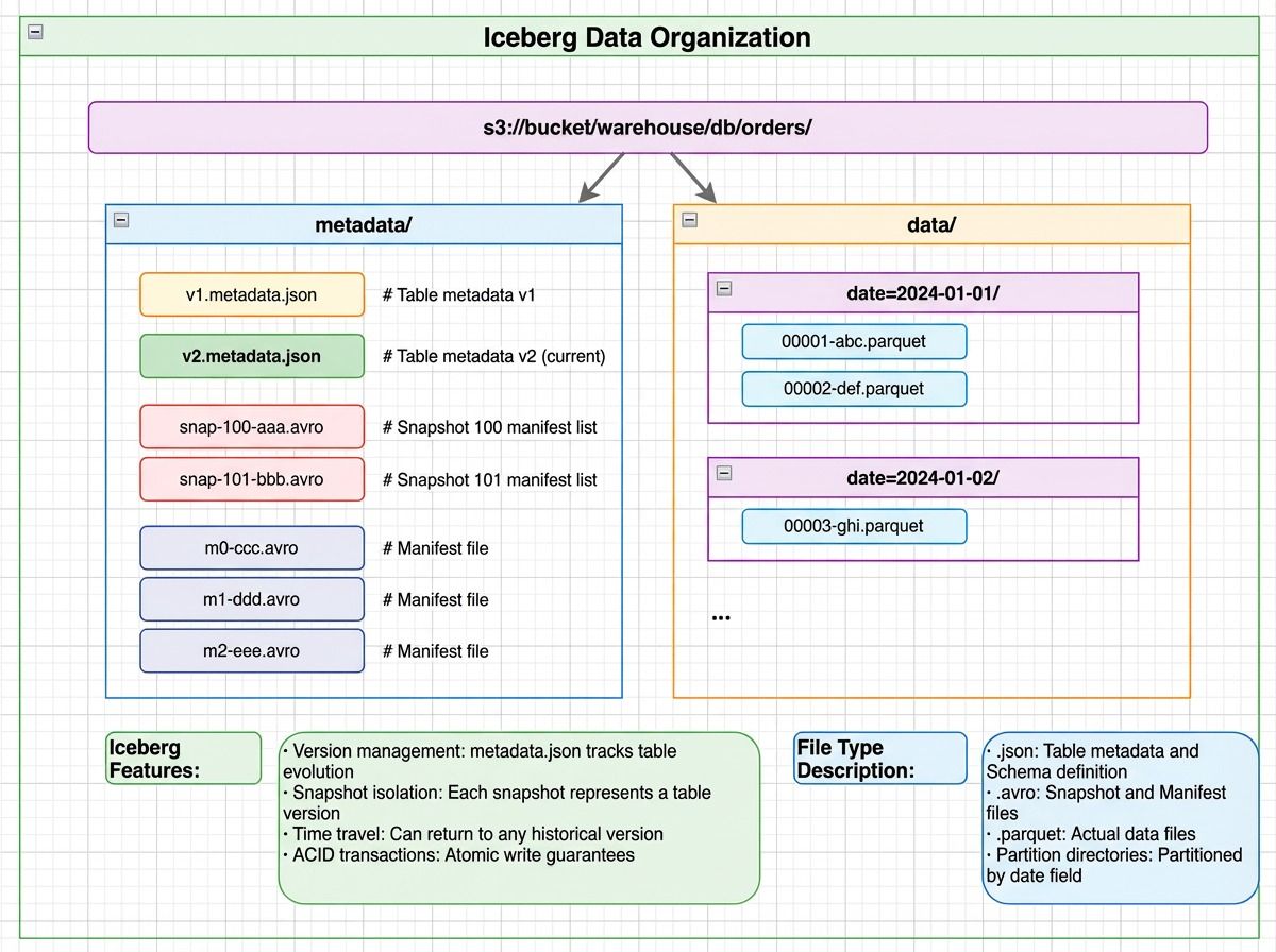 Iceberg data organization showing a metadata directory with metadata.json, manifest lists, and manifest files alongside a data directory with date-partitioned Parquet files