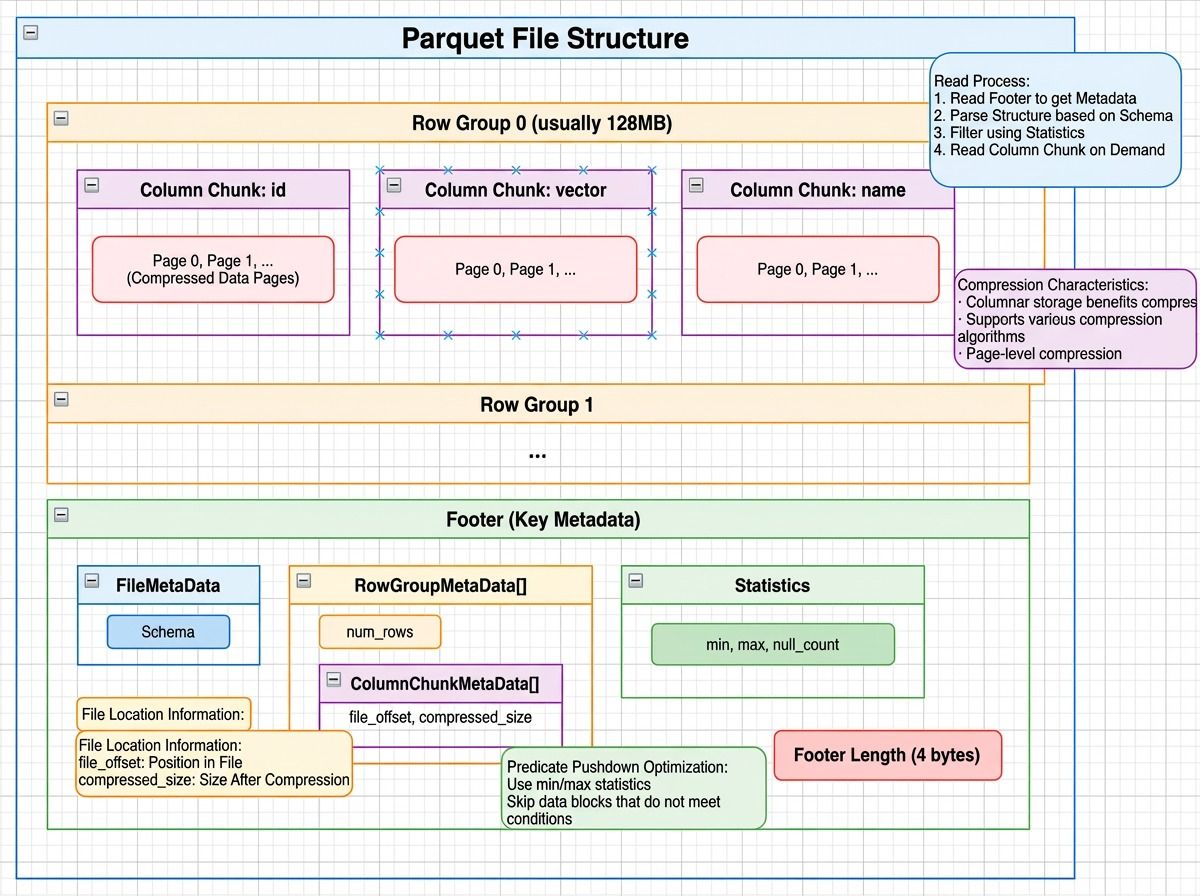 Parquet file structure showing row groups with column chunks and compressed data pages, plus a footer containing file metadata, row group metadata, and column statistics like min/max values