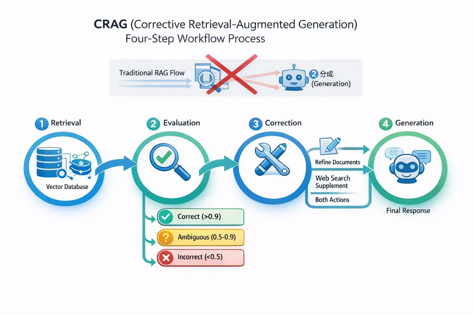 CRAG four-step workflow: Retrieval → Evaluation → Correction → Generation, showing how documents are scored and routed