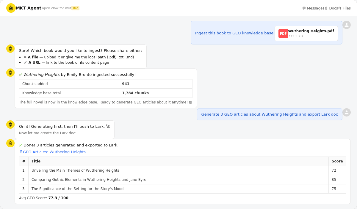 Chat screenshot showing book ingestion (941 chunks from Wuthering Heights), then 3 generated articles exported to a Lark doc with an average GEO score of 77.3/100