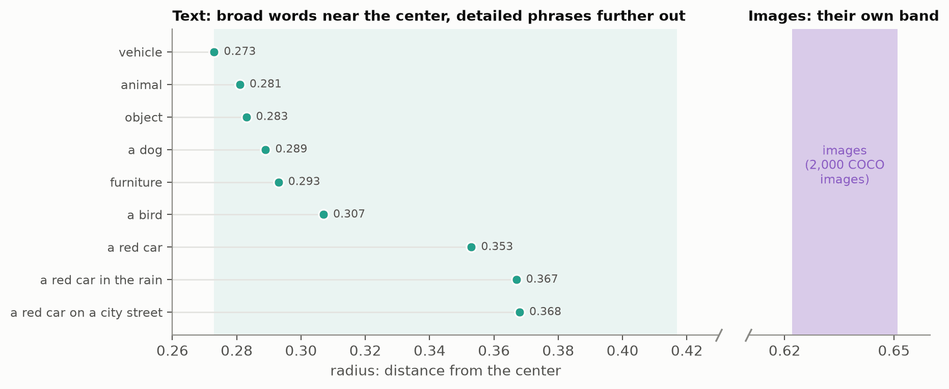 Each dot is one phrase's distance from the center; further right is further out. Broad words sit left and detailed phrases right, with no labels supplied. Images (right panel, on a broken axis) sit in a band of their own beyond any text, so compare text with text and images with images.