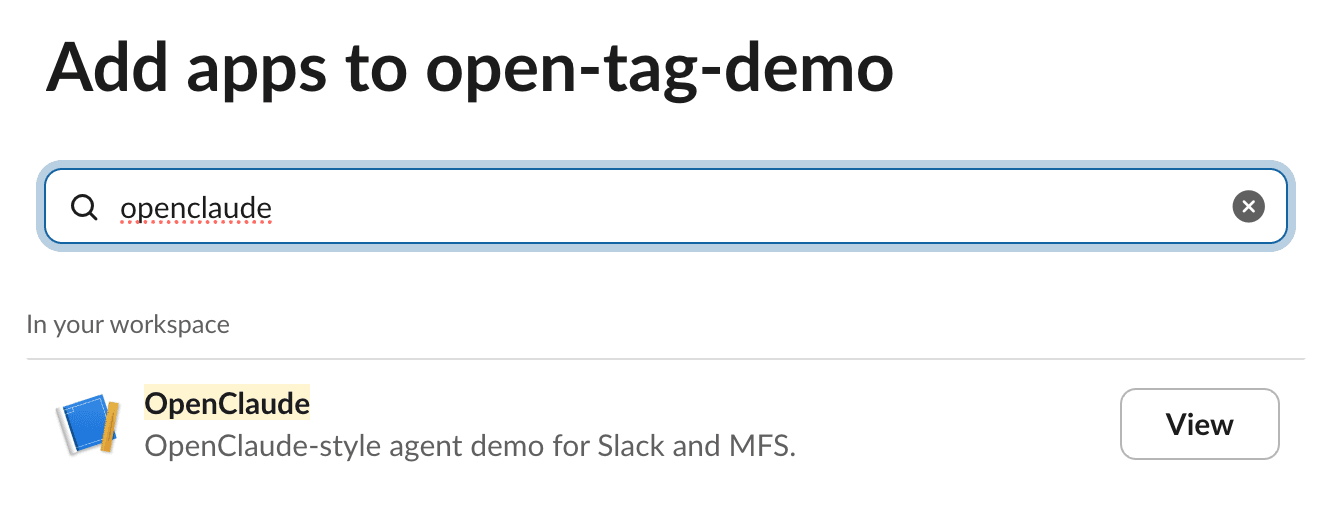 Adding the OpenClaude app to a Slack workspace.