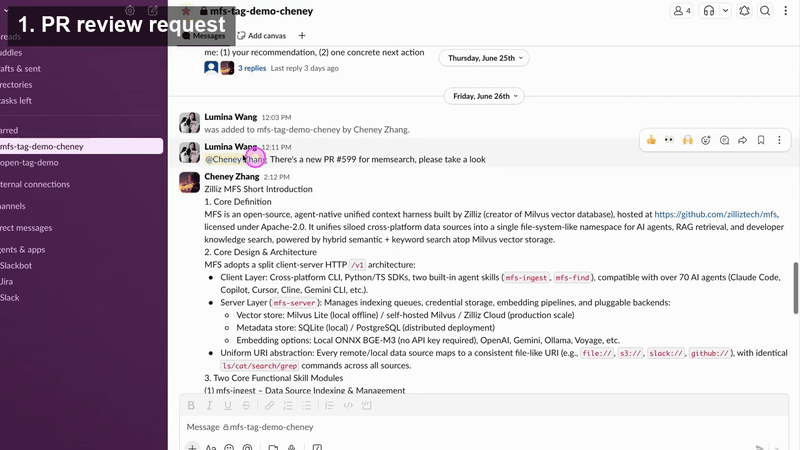 Open Tag reviewing a PR and returning suggestions in Slack.
